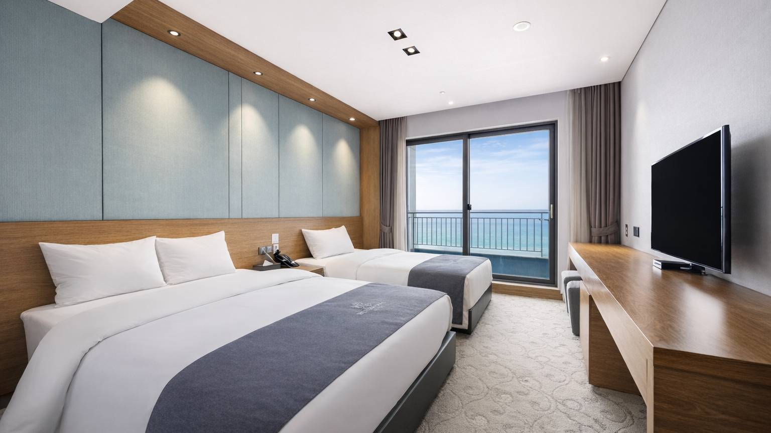 Deluxe, Twin Beds, 1 Double and 1 Single Bed, Harbour and Ocean View