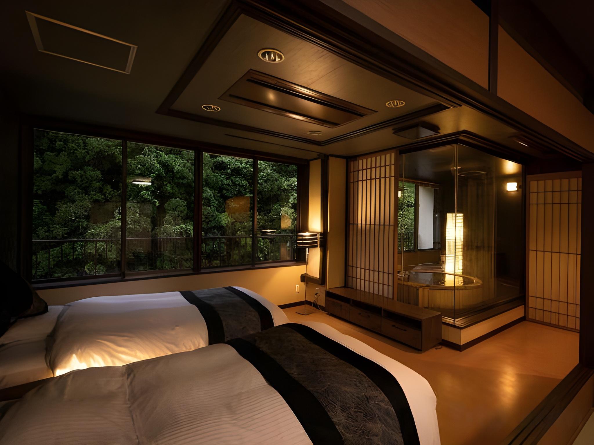 Japanese Western, Twin Beds, Outdoor Bath