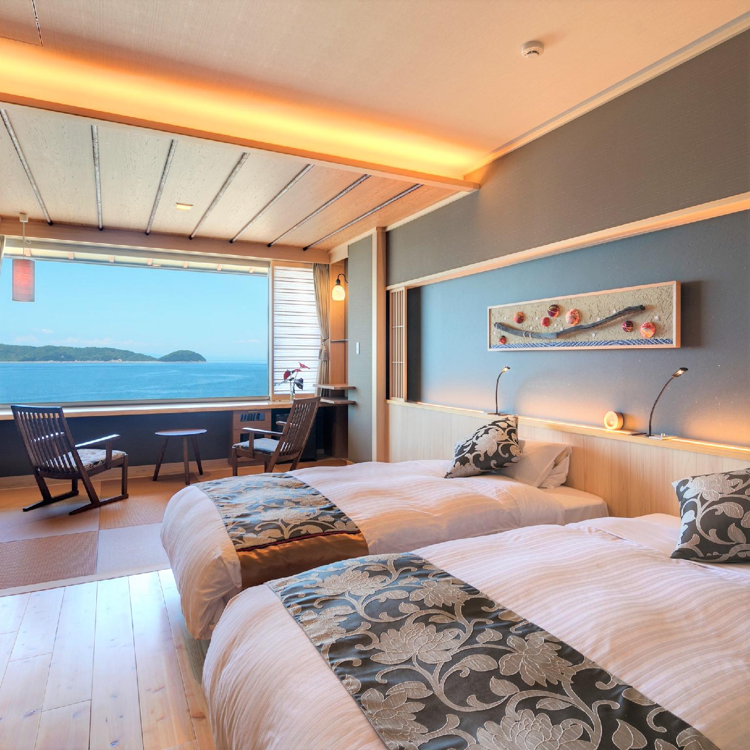 Japanese Western, G, Twin Beds, Ocean View, Bath and Shower