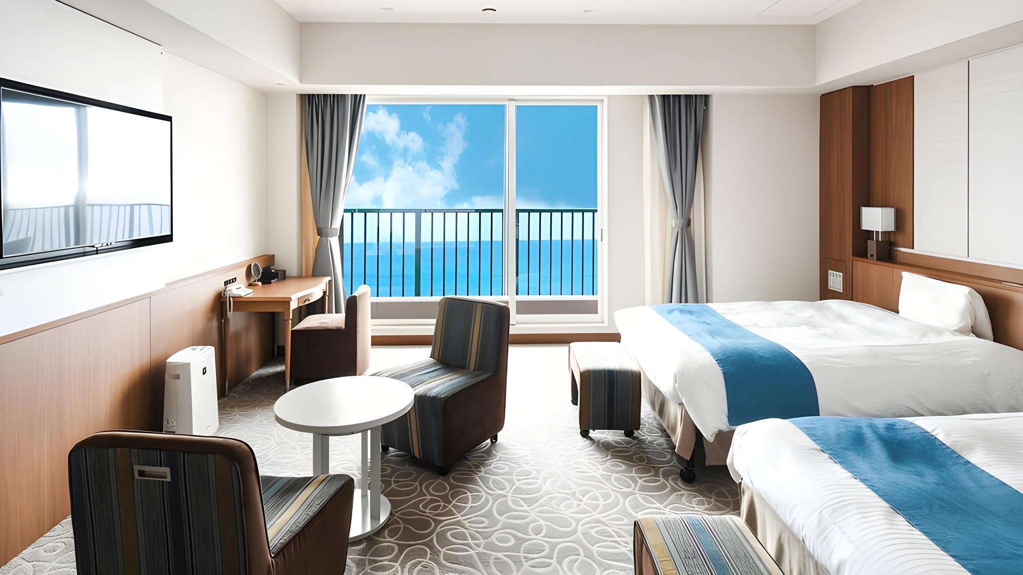 غرفة ديلوكس بسريرين كوين بإطلالة على البحر في المبنى الرئيسي، Vessel Hotel Campana Okinawa 2/2