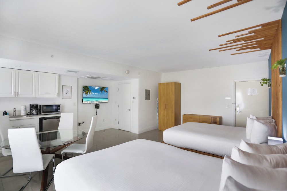 studio, 2 queen beds, kitchen
